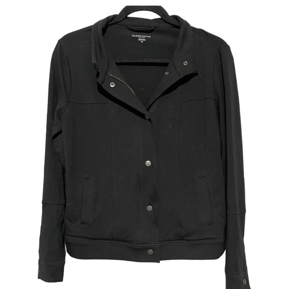 Eileen Fisher Petite Black Organic Cotton Moto Jacket Snap Front PM Made in USA